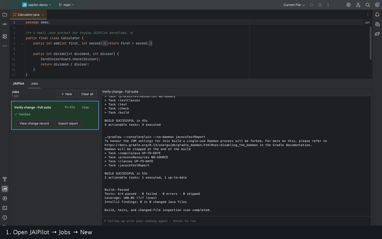JAIPilot reviewing, applying, undoing, redoing, and verifying a Minimize Code proposal